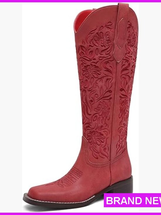 Shoes - Embroidered Western Knee High Boots Square Toe Low Heel Pull On Cowgirl